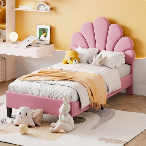 Lit d'enfant capitonné 90 x 200 cm, tête de lit et lattes fleuries, velours doux, rose (1/5)
