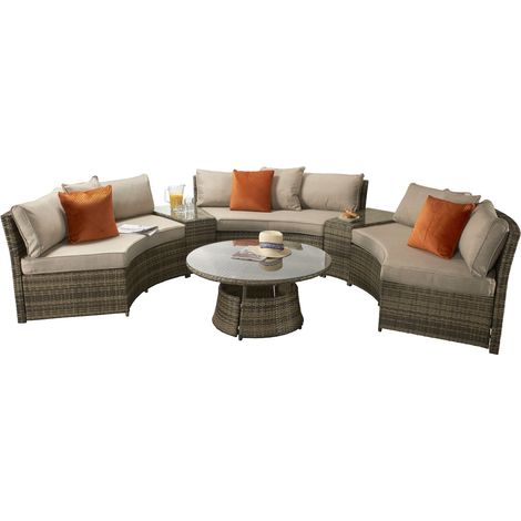 Signature Weave Juliet Wicker Half Moon Curved Sofa Coffee Table Set Brown (1/4)