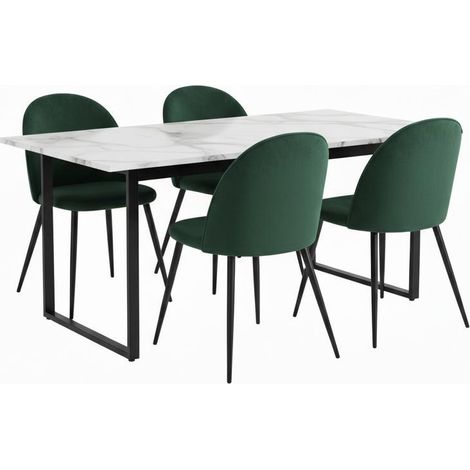 Tilst Essgruppe Tisch weiß Marmor Print 90x160 4 Stühlen Velour grün.