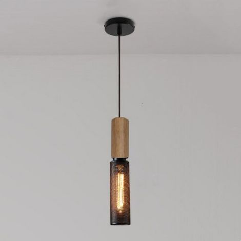 Lampada a Sospensione Industriale Retrò Lampadario da Soffitto Metallo Legno Plafoniera Interna Ø6,5CM (1/4)