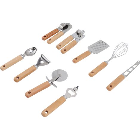 Ensemble de 9 ustensiles de cuisine avec manches en bois, en acier inoxydable, faciles à nettoyer et résistants à l'usure. Emballage coloré. (1/5)