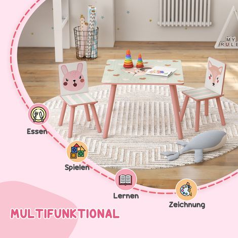 Ensemble enfant table et 2 chaises en pin pour salon de jardin, motif animal, chambre, 3-8 ans, rose (1/4)