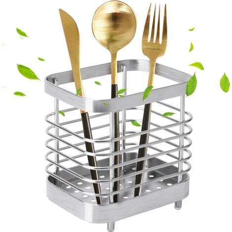 Egouttoir Couvert Acier Inoxydable, Porte Couvert MéTal, Support Ustensiles Cuisine Pour Ranger Les Couteaux, CuillèRes Et Baguettes (Blanc Mat) (1/5)
