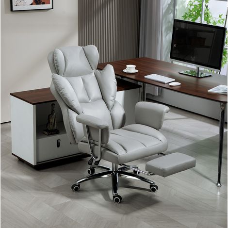 Silla de oficina ergonómica reclinable, altura regulable, con reposapiés, gris claro OKMYHOME (1/5)