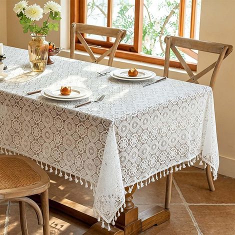 Nappe lavable avec motif floral et pompons, 180x140cm