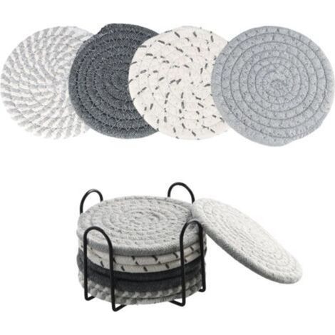 BUNTHAUS CSPARKV Lot de 8 Dessous de Verre avec Support, sous-Verres absorbants en Coton, Dessous de Verre tressé Rond, Dessous de Verre bohème, Dessous de Verre pour Table Basse, pour Tasses (Gris) (1/4)