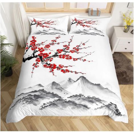 1 Housse de couette,Motif fleurs cerisier,Impression 3D,Microfibre,2 taies,Fermeture éclair,Chambre adulte (1/4)