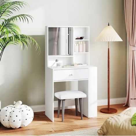 MODFU – Tocador 70x40x137 cm de aglomerado con espejo, cajón y compartimentos laterales de 3 niveles – Blanco (1/5)