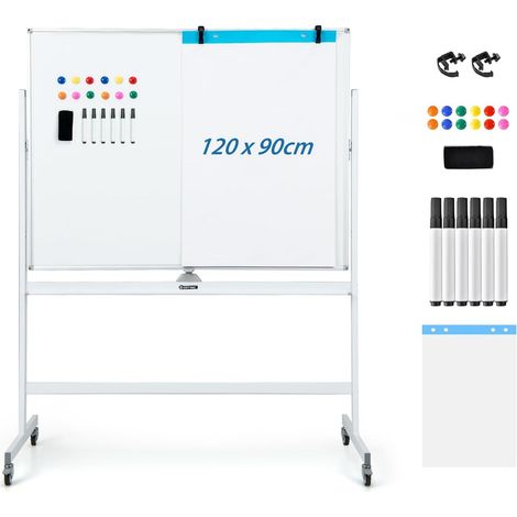 GOPLUS Lavagna Magnetica con 4 Ruote, Lavagna Bifacciale con Set di Accessori, Cancellabile a Secco, Lavagna Mobile Regolabile in Altezza, per Scuola, Ufficio, Casa (120 x 90cm, Bianco)