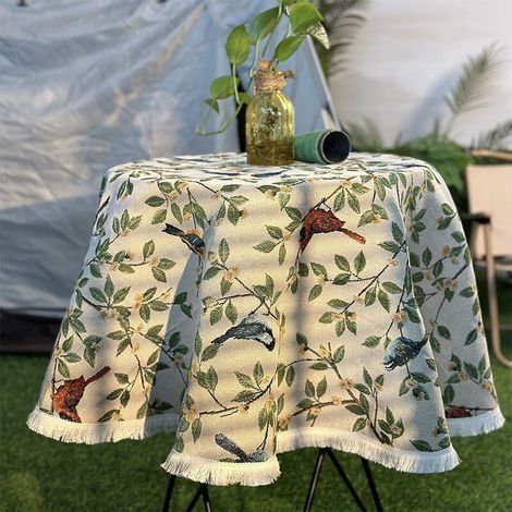 Nappe ronde en coton et lin avec branches de fleurs et oiseaux - 150 cm - Pour intérieur et extérieur - Pour fête, pique-nique, restaurant, jardin (1/3)