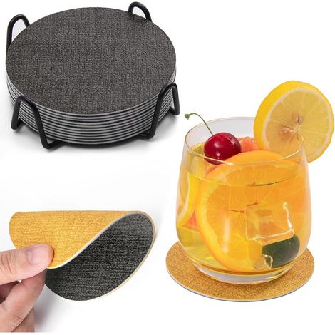 Untersetzer Glas Kunstleder 12er rutschfest abwaschbar Grau Gelb Rund (1/5)