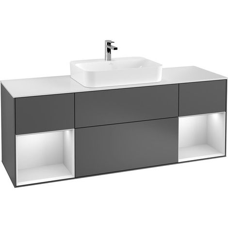 Finion, Muebles de baño, 1600 x 603 x 501 mm, Angular, con estantería (iluminada), modelo suspendido, En madera, lavabo en el medio, iluminación LED, 2x LED / 2.3W, 2700 K a 6480 K, Lacado Blanco Bril