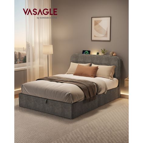 Vasagle – Lit coffre 140 x 190 cm – Sommier relevable avec rangement – Éclairage LED et ports de charge – Tête de lit rembourrée – Gris ardoise