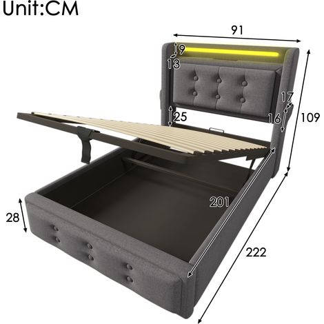 Lit 90x200, sommier hydraulique avec tête de lit LED et charge USB-C, structure bois et métal, capacité 150 kg, gris, coton (sans matelas) (1/5)