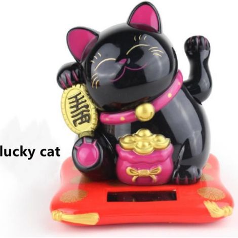 Chat Japonais Maneki Neko Décoration Solaire Noir, dimensions 7x6.5x7 cm, pièce unique pour décoration intérieure et extérieure (1/4)