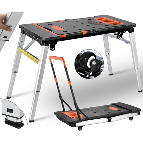 TLGREEN 7in1 Mobile Werkbank Klappbar Höhenverstellbar,Werktisch Klappbar mit Winkelmarkierung,Arbeitstisch Werkstatt mit 4 Rädern,Treppenpodest Arbeitsplattform,Sackkarre,Transportkarre,für DIY-Arbei
