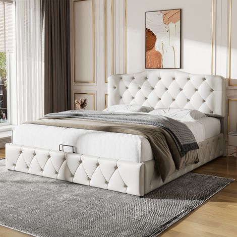 Cama matrimonio 140x200cm Canapé hidráulico Cabecero regulable Piel sintética Blanco(Sin Colchón)