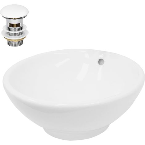 ECD Germany Lavabo Cerámico Blanco Redondo Ø 420x 170 mm para Baño con Agujero de Conexión Estandar Lavamanos Sobre Encimera Diseño Asimétrico Moderno Fregadero con Juego de Desagüe Pila con Drenaje (1/5)