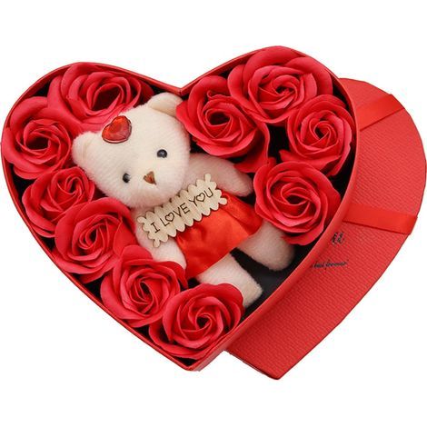 Geschenkset mit 10 nach Rosen duftenden Seifenblumen, roter herzförmiger Metalldose und künstlicher Rose (1/5)
