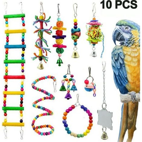 Ensemble de 10 jouets pour perroquets, comprenant des jouets colorés pour oiseaux, une balançoire à mâcher, un hamac, un haltère et d'autres jouets. (1/5)