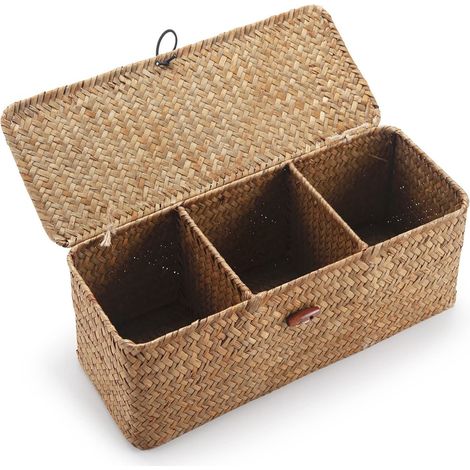Panier De Rangement Tissé Avec Couvercle - Rectangulaire - En Rotin Naturel - Pour Étagère Ou Table - 1 Pièce (1/5)