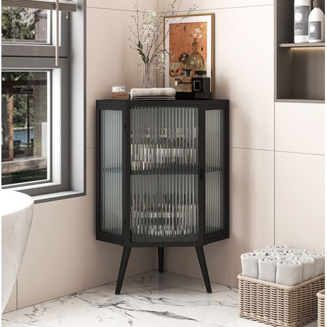 Eckschrank 56x42.5x80 cm, zweistufiger Stauraum, Tür aus gehärtetem Glas, Metall, schwarz (1/5)