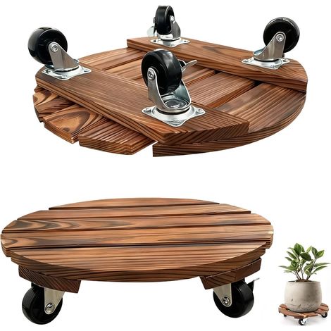 Lot de 2 Supports de Plantes Ronds en Bois avec roulettes - 30 cm - Résistants aux intempéries - pour Pots de Fleurs Lourds et Supports de Plantes (Marron) (1/5)