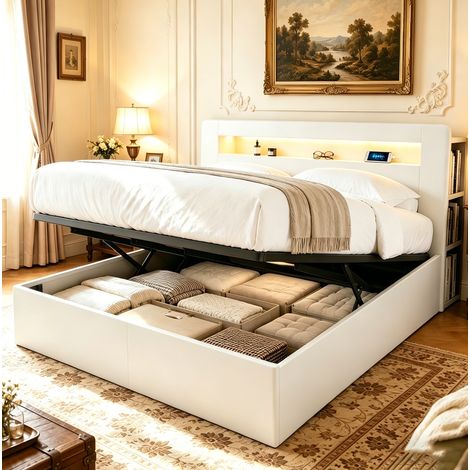 Letto moderno in legno bianco 180x200 cm con testiera contenitore, LED, prese integrate e vano con sollevamento idraulico (1/5)