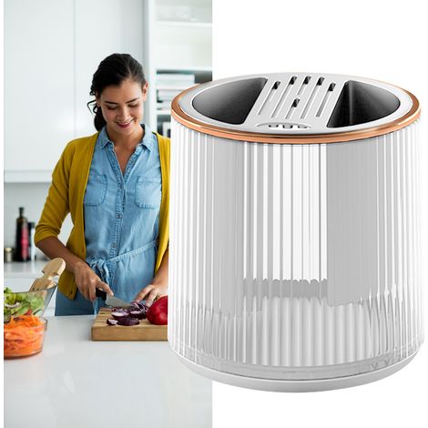 Porte-couteaux rotatif multifonctionnel, égouttoir transparent pour couteaux et baguettes, support pour ustensiles de cuisine, bloc de rangement cylindrique pour couteaux, blanc (1/5)
