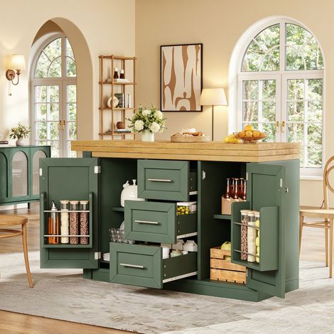 Îlot de cuisine extensible 120x40x74 cm vert antique en MDF avec plateau pivotant et grand rangement (1/5)