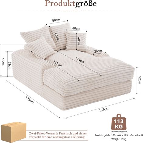 Canapé velours côtelé luxe 4 coussins,transformable en lit sans montage. Économise de l’espace pour salon et appartement,beige. (1/5)