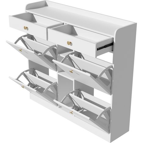 Zapatero blanco con 4 puertas abatibles, 2 cajones y 3 compartimentos abiertos, 110x26x100 cm (1/5)