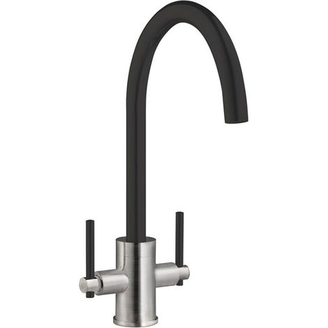 Prima Coloured Swan Neck Dual Lever Kitchen Sink Mixer Tap - Black/Brushed Steel (1/2)