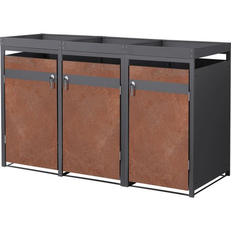 ML-Design Mülltonnenbox 3er 240L mit Pflanzdach, Mülltonnenverkleidung für 3 Mülltonnen, Müllbox wetterfest Mülltonnenhaus aus Stahl, Müllcontainer, abschließbare Tür 200x80x124 cm Anthrazit-Rostoptik