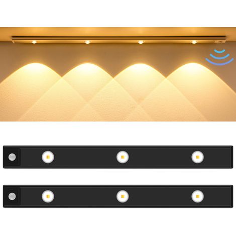 Lot de 2 lampes LED veilleuses pour escaliers avec détecteur de mouvement, éclairage de placard, pour armoire, 3 couleurs à intensité variable, noir, 40cm (1/5)