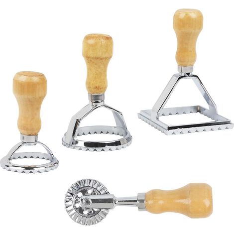 Poignée en bois et pâte à bord cannelé, Ravioli Cutter Set 4, avec roue de coupe à pâtisserie (1/5)