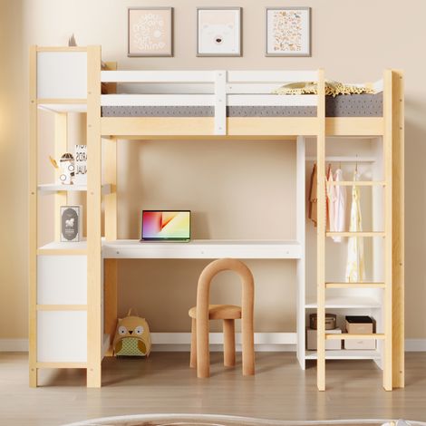 Hochbett 90x200 cm mit Schreibtisch, Regalen und Schrank, in Holz weiß und natur, ohne Matratze (1/5)