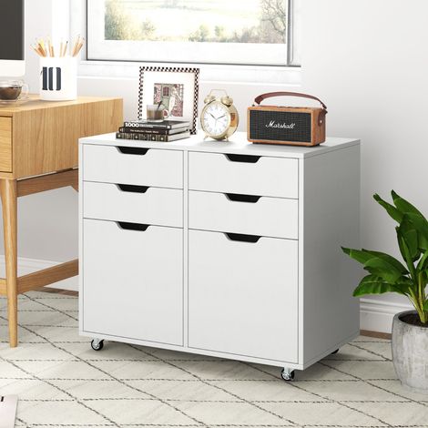 Commode à 4 Tiroirs avec 2 Portes Meuble de Rangement Mobile en Bois avec 5 Roues Universelles Support pour Imprimante Roulant Blanc (1/5)