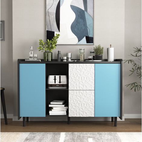 Credenza in MDF nero e blu 120x40x80 cm, con 2 cassetti, 2 vani aperti e armadietto chiuso (1/5)
