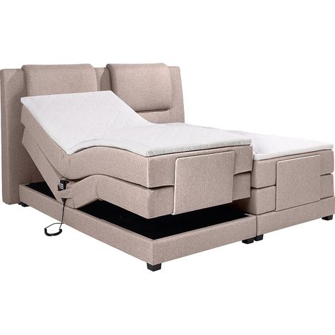 Set letto boxspring testata + reti relax elettriche + materasso + topper CASTEL di PALACIO - 2 x 80 x 200 cm - Tessuto beige