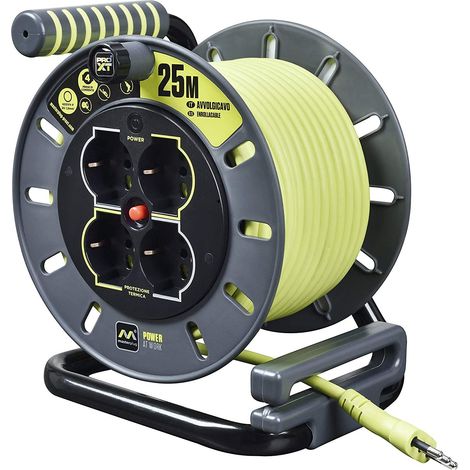 Masterplug Pro-XT Avvolgicavo 25 metri, 4 Prese Universali prolivalent: Bipasso, EU, Schuko, Prolunga Elettrica 16A, Indicatore LED, Cavo Alta Visibilità (1/5)