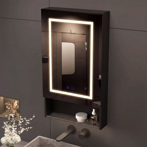 Armoire murale de salle de bain avec miroir LED, Armoire de toilette miroir avec 1 porte et étagères réglables de rangement, 50x16x88 cm (1/5)
