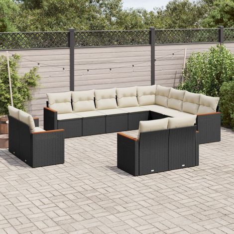 Ensemble de Jardin 12 Places en Résine Tressée Noire avec Coussins Crème, Modulaire, Stockage intégré, Résistant aux UV (1/5)