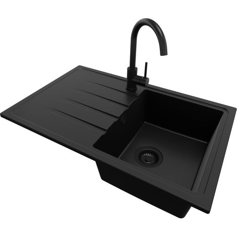 PRIMAGRAN Evier Cuisine en Granit 78x50cm, Lavabo 1 bac + Robinet 32x20cm + Kit de Vidage, Évier à Encastrer au meuble 45cm - Milan, Tout Noir (1/5)