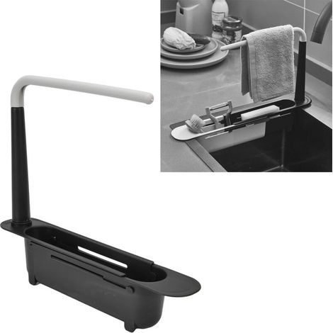 Telescopic kitchen sink storage rack, adjustable length, large capacity, made of polypropylene, extendable, black