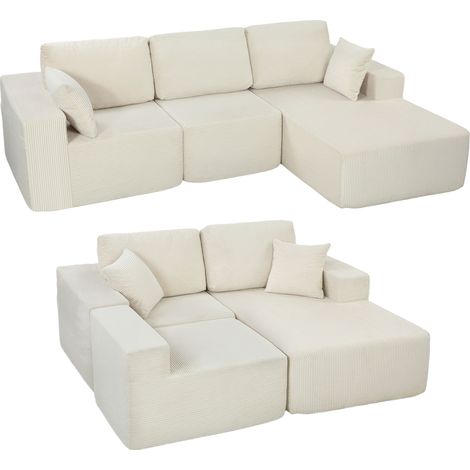 Modulares 2-in-1-Ecksofa, 267 cm, 3-Sitzer-Schlafsofa aus Cord, breite Sitzfläche und Armlehnen, cremefarben