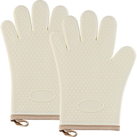 1 Paire de Gants de Cuisine, Surface Antidérapante en Silicone, Intérieur en Coton, Résistants à la Chaleur, Gant Four pour Barbecue, Cuisson (Blanc-2) (1/5)