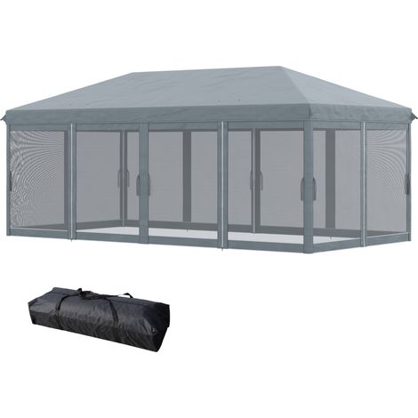 Tonnelle de jardin pliante 6 x 3 m avec 6 moustiquaires et fermeture à boutons, en acier et polyester, grise