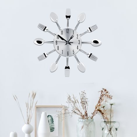 Couteaux et fourchettes en acier inoxydable, horloge murale design couverts, décoration cuisine argentée, pendule métal avec cuillère, 12 pièces. (1/5)