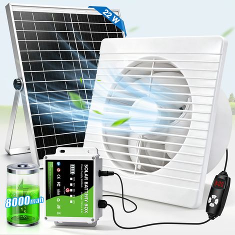 200mm 500 m³/h Batterie 8000mAh Ventilateur D'Extraction Solaire Étanche Fonctionnement Jour et Nuit Panneau 22W/36db Vitesse Réglable Minuterie Écran Niveau Batterie Câble 4m IP44 pour Poulailler Ser (1/5)